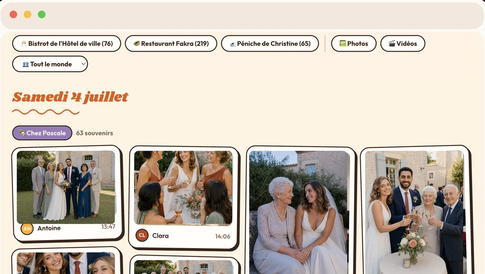 Aperçu de l'album collectif : les photos des invités classées par lieu et par jour