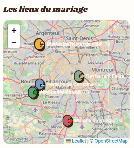 Carte des lieux du mariage avec les photos géolocalisées par endroit