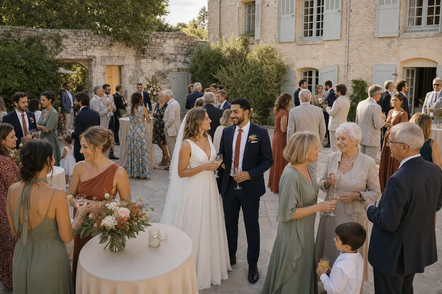 Les mariés entourés de leurs invités pendant le cocktail